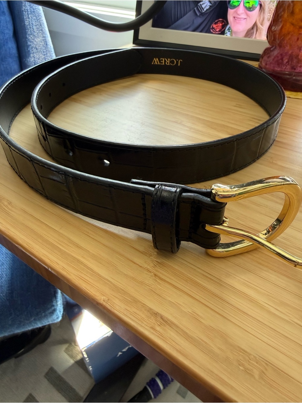 J. Crew Black Croc-Embossed Leather Belt with Gold Buckle